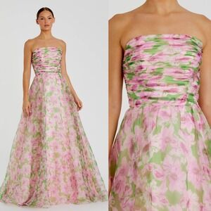 NWT Mac Duggal Pink Floral Strapless Chiffon Gown W/ Ruffle Detail $598 Size 14